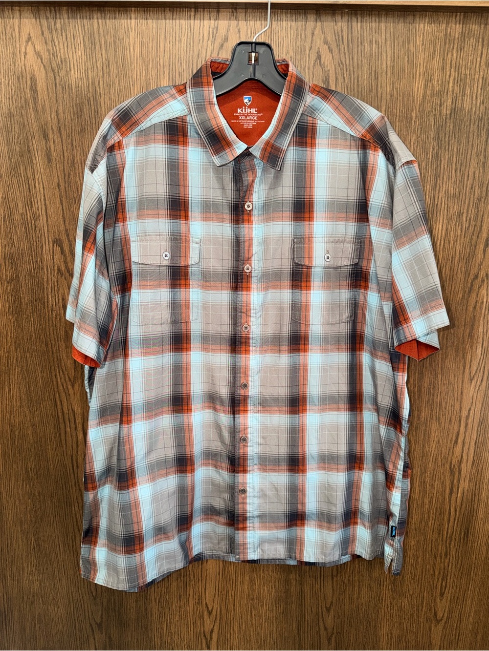 Kuhl Men's Response Short-Sleeve Plaid Button-Up Shirt in Orange and Gray XXL